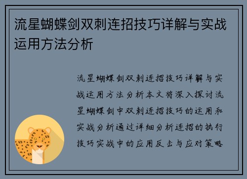 流星蝴蝶剑双刺连招技巧详解与实战运用方法分析